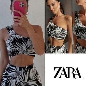 Zara Jacquard Crop Top, Stretch, Palm Leaf, Black & White
